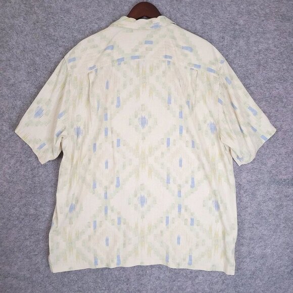 TOMMY BAHAMA Mens XL Silk Ikat Diamond Print Short Sleeve Beige Camp Shirt - Picture 6 of 9